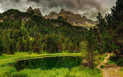 cloudy weather, mountains, the lake, the foot of the mountain, rock