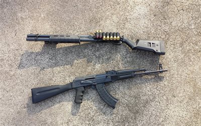 silah, pompalı tüfek, makine, remington 870, ak-74