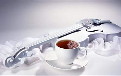 violino branco, foto, xícara de chá
