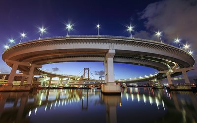 japan, rainbow bridge, tokyo, night, road interchange