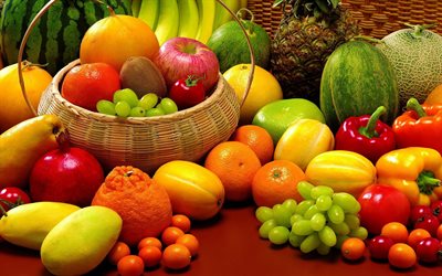 melon, watermelon, bananas, garnet, oranges, a lot of fruit, tangerines, fruit, grapes