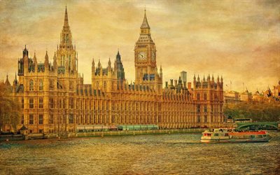 thames, england, the houses of parliament, london, retro