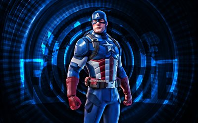 capitán américa fortnite, 4k, fondo espiral azul, fortnita, creativo, piel del capitán américa, fortnite captain america skin, capitán américa, personajes de fortnite