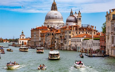 canale grande, venise, soirée, coucher de soleil, santa maria della salute, attractions de venise, basilique di santa maria della salute, paysage urbain de venise, italie