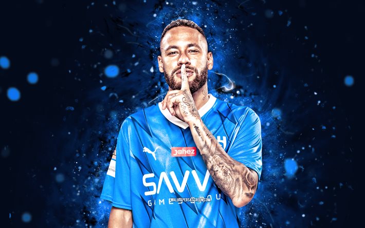 Neymar, 4k, blue neon lights, Al Hilal FC, Saudi Professional League, Brazilian footballers, Neymar 4K, football, soccer, Neymar Jr, Al-Hilal SFC, Al Hilal Saudi Club, Al Hilal SFC, Neymar Al Hilal