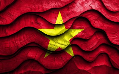 4k, Vietnamese flag, Asian countries, wooden 3D waves flags, Day of Vietnam, flag of Vietnam, Vietnam wooden flag, Vietnamese national symbols, Vietnam flag, Vietnam