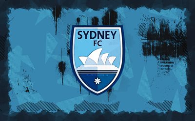 logotipo grunge sydney fc, 4k, a league, fundo azul grunge, futebol, emblema do sydney fc, logotipo sydney fc, sydney fc, clube de futebol australiano, fc sydney