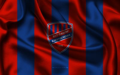 4k, rakow czestochowa logo, tessuto di seta rosso blu, squadra di calcio polacca, emblema di rakow czestochowa, ekstraklasa, rakow czestochowa, polonia, calcio, rakow czestochowa flag, fc rakow