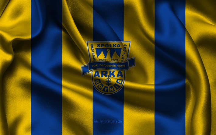 4k, logotipo arka gdynia, tecido de seda amarela azul, time de futebol polonês, emblema de arka gdynia, ekstraklasa, arka gdynia, polônia, futebol, arka gdynia flag, arka gdynia fc