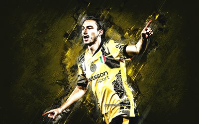 Matteo Darmian, FC Internazionale, Italian football player, Inter Milan, yellow stone background, grunge art, Italy, Serie A, football
