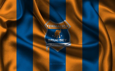4k, bruk betteralica niecza logo, orangefarbener blauer seidenstoff, polnische fußballmannschaft, bruk betteralica niecza emblem, ekstraklasa, bruk betteralica niecza, polen, fußball, bruk betteralica niecza flagge, bruk betteralica niecza fc