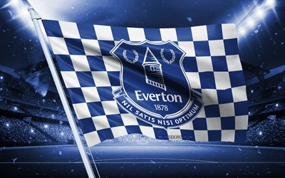 4k, Everton FC logo, English football club, stadium flag, Everton FC fans flag, blue white flag, Everton FC emblem, Premier League, England, football, Everton FC