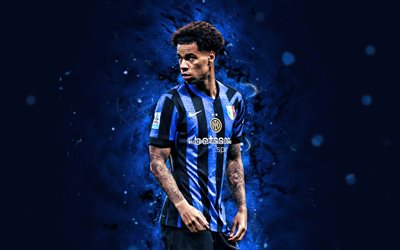 Tajon Buchanan, 4k, blue neon lights, Inter Milan FC, Serie A, Canadian footballers, Tajon Buchanan 4K, football, soccer, Internazionale, Inter, Tajon Buchanan Inter Milan