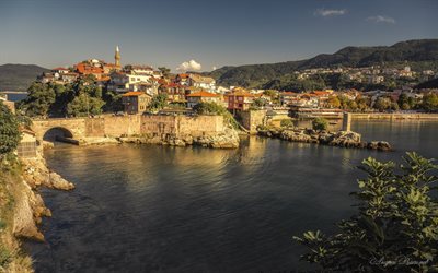 Amasra, evening, sunset, bay, Black Sea, travel to Turkey, Turkish resort, ancient city, mosque, Amasra cityscape, Turkey