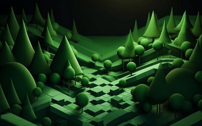 grüne 3d  bäume, 4k, kunstwerk, wald, 3d  landschaften, kreativ, 3d  natur, isometrische landschaften, 3d  naturhintergrund, isometrische hintergründe