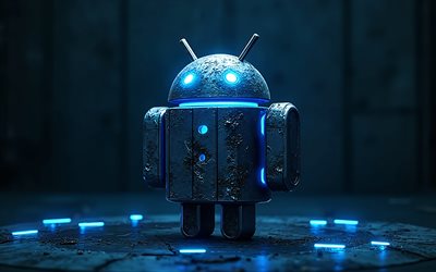 logotipo brilhante do android, 4k, emblema android, fundo azul, sinal android, arte grunge, logotipo do android, cena grunge, android, brilho azul