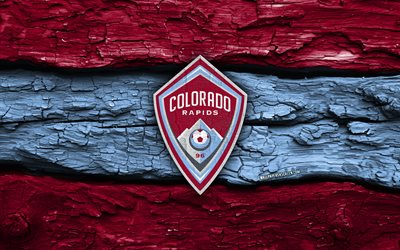 Colorado Rapids wooden logo, 4k, purple blue wooden background, MLS, soccer, Colorado Rapids logo, football, Colorado Rapids emblem, Colorado Rapids, american soccer club, Colorado Rapids FC