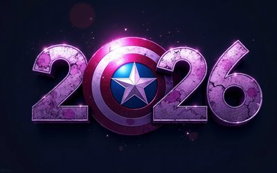 2026 Happy New Year, 4k, Captain America Shield, 2026 concerts, Happy New Year 2026, Captain America logo, 2026 greeting card, 2026 New Year