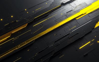 sfondo astratto nero giallo, 4k, arte creativa, luci al neon gialle, geometria, sfondi astratti, sfondi geometrici, astrazioni, sfondi hi tech neri