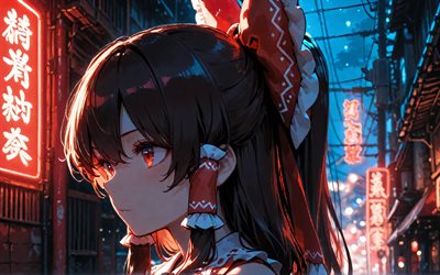 4k, reimu hakurei, calle, luces de neón rojas, touhou, noche, protagonista, hakurei reimu, manga japonés, personajes de anime, proyecto touhou, personajes touhou, reimu hakurei touhou