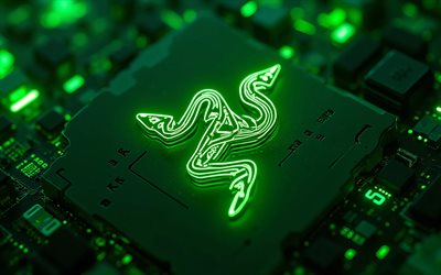 4k, Razer green neon logo, bokeh, green hi-tech background, microcircuits, conductors, electronics brands, creative, Razer logo on microcircuit, brands, Razer neon logo, artwork, Razer logo, Razer