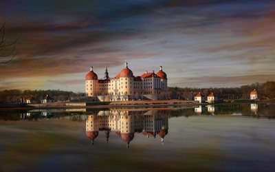 Moritzburg Kalesi, göl, yansıma, sonbahar, Almanya
