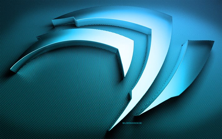 Nvidia blue logo, creative, Nvidia 3D logo, blue metal background, brands, artwork, Nvidia metal logo, Nvidia