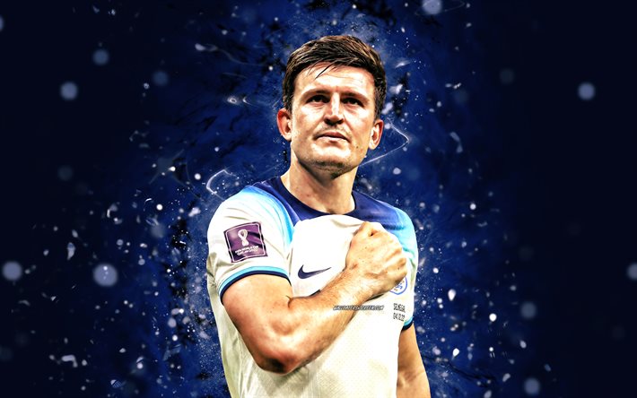 Harry Maguire, 4k, blue neon lights, England National Football Team, soccer, footballers, blue abstract background, English football team, Harry Maguire 4K