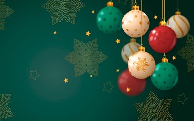 bolas de natal penduradas, 4k, fundo de natal verde, decorações de natal, feliz ano novo, feliz natal, bolas de natal, arte vetorial