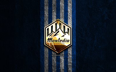 モンテディオ山形の金色のロゴ, 4k, 青い石の背景, j2リーグ, 日本サッカークラブ, モンテディオ山形のロゴ, サッカー, モンテディオ山形のエンブレム, モンテディオ山形, フットボール, モンテディオ山形fc