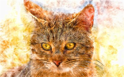 soyut kedi, 4k, sanat eseri, sarı gözler, evcil hayvanlar, kediler, boyalı kedi, soyut hayvanlar, boyalı sanat
