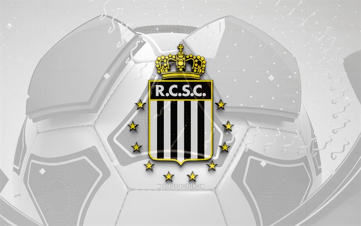 Royal Charleroi SC glossy logo, 4K, black football background, Jupiler Pro League, soccer, belgian football club, Royal Charleroi SC 3D logo, KV Oostende emblem, Royal Charleroi FC, football, sports logo, Royal Charleroi SC