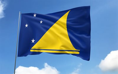 tokelau bandera en asta de bandera, 4k, países de oceanía, cielo azul, bandera de tokelau, banderas de raso ondulado, símbolos nacionales de tokelau, asta con banderas, día de tokelau, oceanía, tokelau
