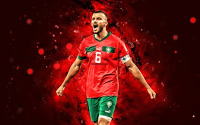 4k, romain saiss, qatar 2022, marockos fotbollslandslag, röda neonljus, fotboll, fotbollsspelare, röd abstrakt bakgrund, marockanskt fotbollslag, romain saiss 4k