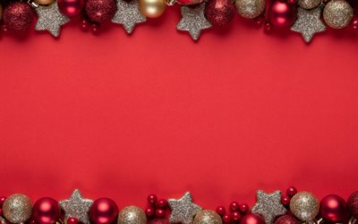 fondo rojo de navidad, 4k, adornos navideños rojos, marcos de navidad, fondos de madera de navidad, decoraciones de navidad, feliz año nuevo, feliz navidad