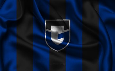 4k, logotipo de gamba osaka, tela de seda negra azul, equipo de fútbol japonés, emblema de gamba osaka, liga j1, gamba osaka, japón, fútbol, bandera gamba osaka
