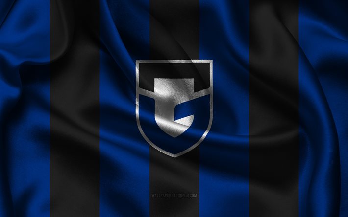 4k, gamba osaka logotyp, blått svart sidentyg, japanskt fotbollslag, gamba osaka emblem, j1 ligan, gamba osaka, japan, fotboll, gamba osaka flagga