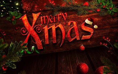 Merry Christmas, 4k, wooden backgrounds, xmas decorations, Merry Xmas, Christmas decorations, Happy New Year