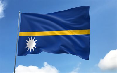 Nauru flag on flagpole, 4K, Oceanian countries, blue sky, flag of Nauru, wavy satin flags, Nauru flag, Nauru national symbols, flagpole with flags, Day of Nauru, Oceania, Nauru