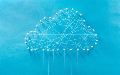 ligne nuage blanc, fond bleu, technologie cloud, cloud computing, stockage en ligne, points de nuage, technologies de réseau, nuage créatif