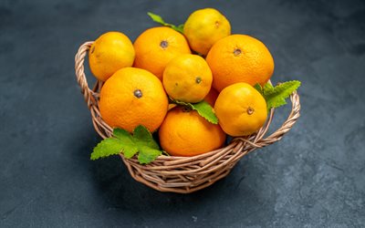 tangerinas, frutas cítricas, cesta de tangerina, ano novo, montanha de tangerina, cesta de vime