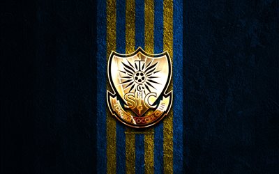 شعار tochigi sc الذهبي, 4k, الحجر الأزرق الخلفية, دوري j2, نادي كرة القدم الياباني, شعار tochigi sc, كرة القدم, توتشيغي sc, توتشيغي