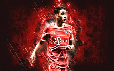 Jamal Musiala, FC Bayern Munich, German soccer player, attacking midfielder, portrait, red stone background, Bundesliga, Germany, football