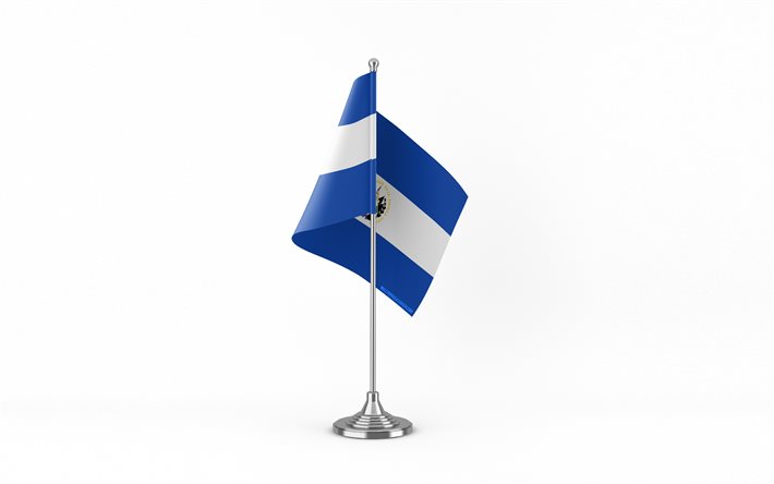 4k, El Salvador table flag, white background, El Salvador flag, table flag of El Salvador, El Salvador flag on metal stick, flag of El Salvador, national symbols, El Salvador