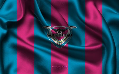 4k, logo sagan tosu, tessuto di seta rosa blu, squadra di calcio giapponese, emblema di sagan tosu, lega j1, sagan tosu, giappone, calcio, bandiera sagan tosu