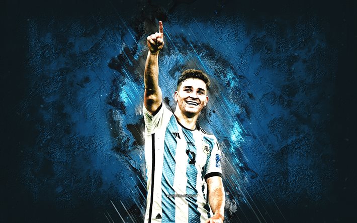 ジュリアン・アルバレス, サッカー アルゼンチン代表, アルゼンチンのサッカー選手, 前方, カタール 2022, フットボール, グランジ アート, 青い石の背景, アルゼンチン