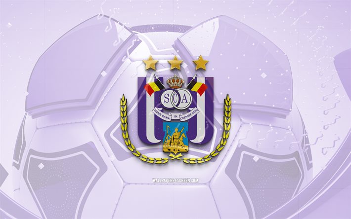 RSC Anderlecht glossy logo, 4K, violet football background, Jupiler Pro League, soccer, belgian football club, RSC Anderlecht 3D logo, RSC Anderlecht emblem, Anderlecht FC, football, sports logo, RSC Anderlecht