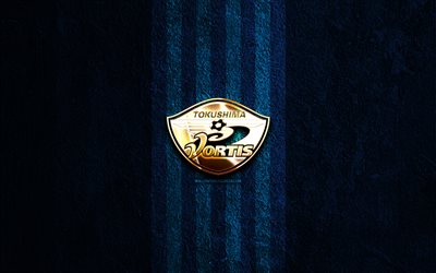 شعار tokushima vortis الذهبي, 4k, الحجر الأزرق الخلفية, دوري j2, نادي كرة القدم الياباني, شعار tokushima vortis, كرة القدم, شعار توكوشيما فورتيس, توكوشيما فورتيس