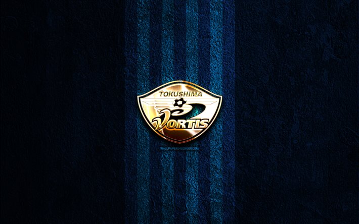 tokushima vortis logotipo dourado, 4k, fundo de pedra azul, liga j2, clube de futebol japonês, logo tokushima vortis, futebol, emblema tokushima vortis, tokushima vortis, futebol americano, tokushima vortis fc