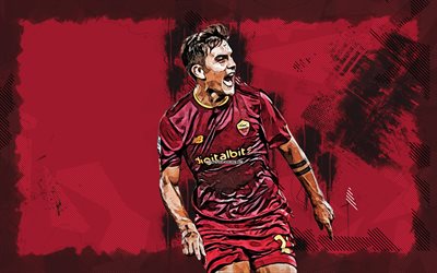 4k, Paulo Dybala, purple grunge background, AS Roma, soccer, Serie A, argentinean footballers, Paulo Dybala 4K, Roma FC, Dybala, grunge art, football, Paulo Dybala Roma